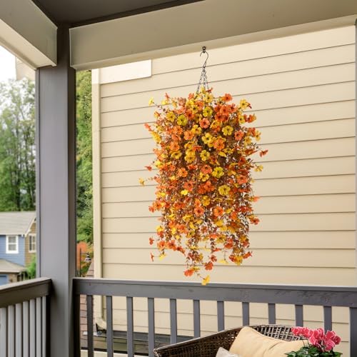 Fake Mums Fall Artificial Hanging Flowers Basket for Outdoor Decoration - Image 2