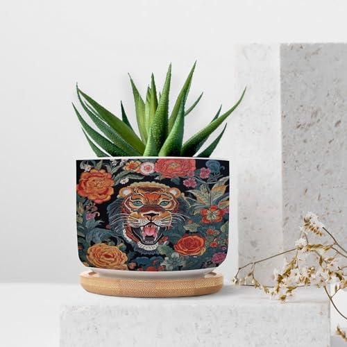 Chinoiserie Tiger Planters Ceramic Green and Turquoise Tiger Stripe Round Plant Pot with Drainage Holes and Bamboo Tray Pot for Succulents Cactus Garden Windowsill - Image 7