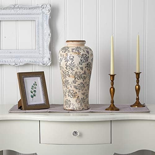 Nearly Natural 16 in Tuscan Ceramic Floral Scroll Urn Vase Room Decor - Image 3