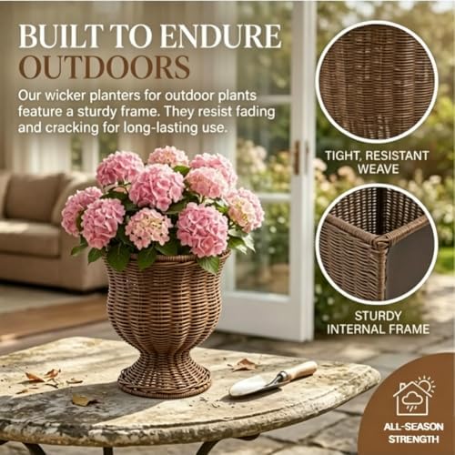 Goblet Urn Shape Wicker Planter,Rattan Woven Plant Basket, Rustic Flower Vase, Rattan Urn Vases & Planters Pot for Boho Home Outdoor Plants Décor (2PCS) - Image 3