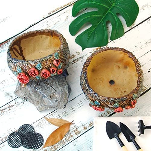 6.3 Inch Succulent Pot Handmade Flower Design Round Ceramic Antique Plant Pot Cactus Pot Planter with Drainge and Mesh Pad (Dark Red) - Image 4