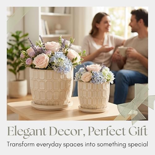 Decorative Flower Planter with Squoval Pattern and Saucer Plate - Home Decor Plant Pots for Indoor and Outdoor Styling - Perfect Plant Pots Accent for Plant Stand Indoor - Set of 2, 7", 6", Ivory - Image 7