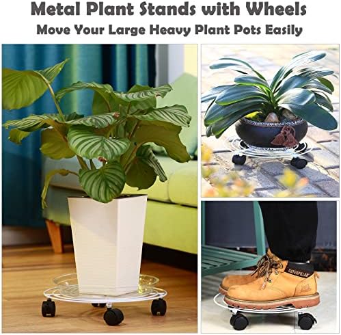 5 Packs Large Metal Plant Caddy with Wheels 13.8" Heavy-duty Iron Rolling Plant Stands with Casters Wheeled Plant Dolly Roller Movers Indoor Outdoor, White - Image 3