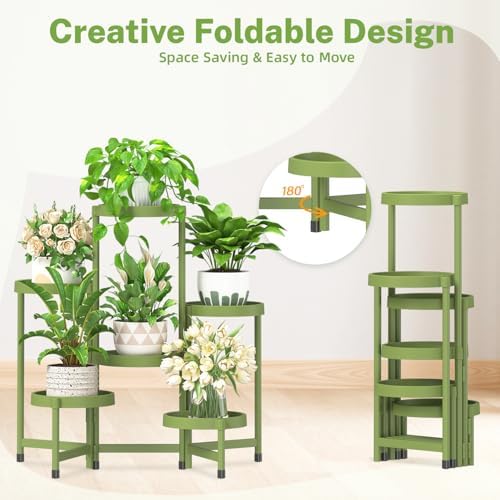 iDavosic.ly 6 Tier Folding Plant Stand Indoor Outdoor, Plastic Tray, Green - Image 3