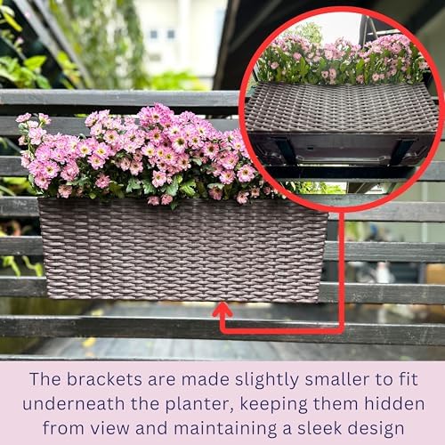 LaLaGreen Outdoor Rail Planter for Balcony (20 Inch, 2 Pack) Large Black Self Watering Railing Planters with Brackets, Rectangular Plastic Window Flower Box Fence Designer Choice with Rattan Pattern - Image 6