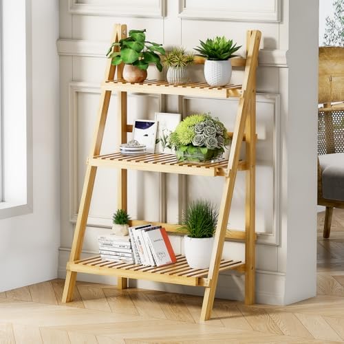 Foldable Ladder Shelf 39.4", Plant Shelf 3 Tier, Bamboo Ladder Bookshelf - Image 4