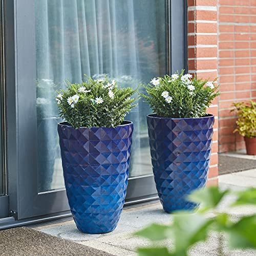 Glitzhome 19.75" H Oversized Tall Planter,Modern Set of 2 Textured Gradient Cobalt Blue Round Garden Plant Pots with Drainage Holes Flower Containers for Indoor Outdoor, Front Door, Patio and Deck by Glitzhome