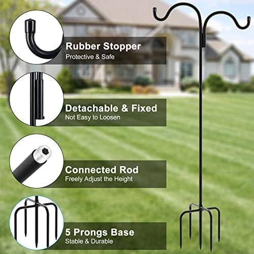 Gtongoko Double Shepherds Hook for Outdoor, 92 Inch Bird Feeder Pole with 5 Prongs Base, 5/8 Inch Thick Heavy Duty Adjustable Garden Hook for Hanging Plant, Lantern, Hummingbird Feeder, 1 Pack - Image 2
