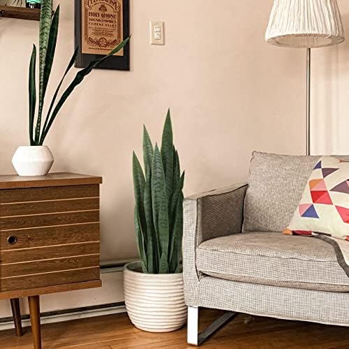 Worth Garden 3ft Artificial Snake Plant Fake Sansevieria Indoor Outdoor, 28 Thick Leaves Lifelike Faux Silk Plant, Home Decor Mother in Law Tongue Plant 35in, with Black pot & Dry Moss Included, Green - Image 2