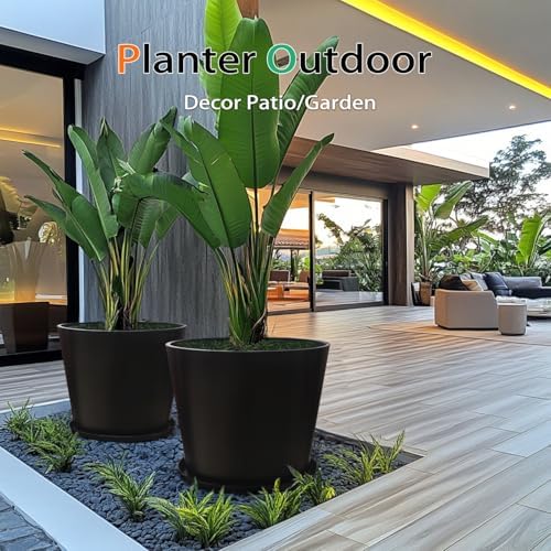 Heyzier Wide Planters for Outdoor Plants, Extra Large Indoor Flower Pots for Garden, Front Porch, Patio - Round Resin Planter Set of 2 (Black, 20" D x 16" H) - Image 4