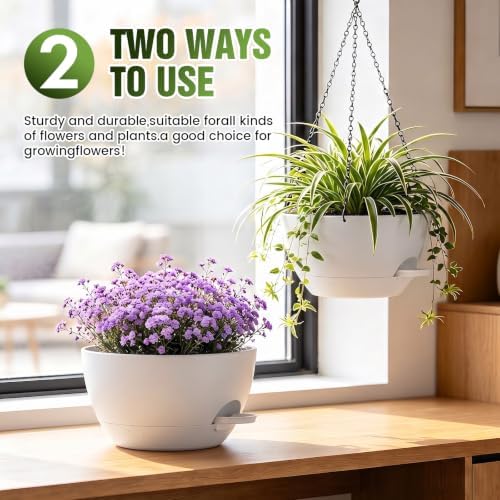13 Inch Large Self Watering Hanging Planters 2 Pack with Saucers - Image 3