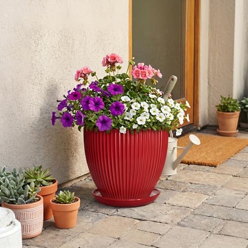 10 Inch Plant Pot, Ceramic Planters with Saucer, Red - Image 7