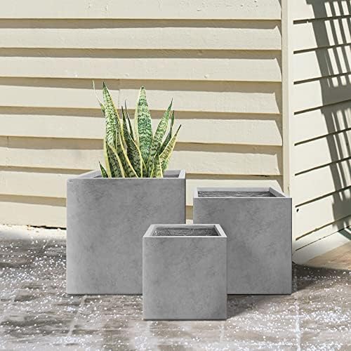 Kante RF0001ABC-C80021 Set of 3 Lightweight Modern Square Outdoor Planters, 16, 12 and 10 Inch Tall, Natural Concrete - Image 7