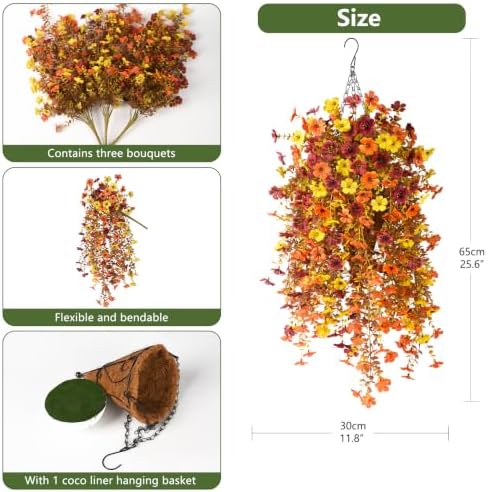 Fake Mums Fall Artificial Flowers Hanging Basket for Outdoor Decoration - Image 4