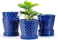 EFISPSS Ceramic Plant Pots, 5Inch Pots for Indoor Plants, Planters with Drainage Holes and Ceramic Tray,Plant Lover Gift, Desktop Office Windowsill Decoration Gift Set of 4 - Blue by EFISPSS