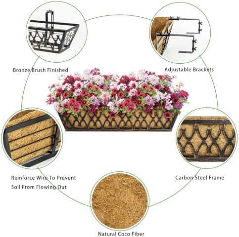 Window Boxes Planters: 2 Pack 24 Inch Railing Planter Box with Adjustable Brackets for Porch Fence Patio Balcony Hanging Flower Baskets with Coco Liners for Outdoor Garden Decor - Bronze - Image 3