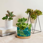 Turquoise Green Planter Ceramic Teal Blue Tropical Round Plant Pot with Drainage Holes and Bamboo Tray Pot for Home Office Desk Garden - Image 4
