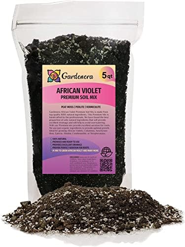 Premium African Violets and Gesneriad Premium Soil Mix by Gardenera - Horticultural Perlite (25%) + Vermiculite (25%) + Sphagnum Peat Moss (50%) - Made in USA - (5 Quart Bag) by Gardenera