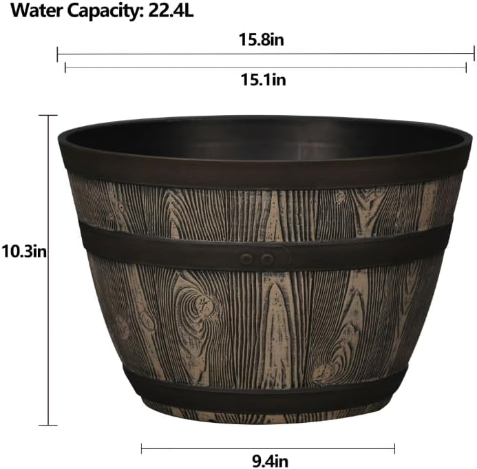 (2 Pack) Outdoor Whiskey Resin Flower Pot Barrel Planter, Walnut Brown, 22.4L - Image 3