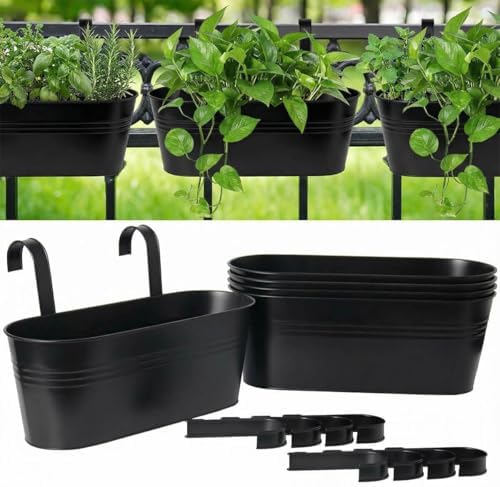 16 Inch Railing Planter Box, 5 Pack Large Metal Hanging Planters with Hooks by vensovo