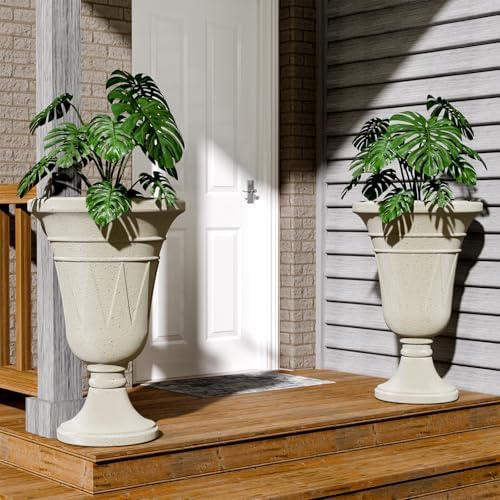 Tall Plastic Urn Planters and Pedestal - 24" Outdoor Planter Beige - Image 7