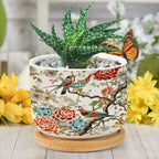 Chinoiserie Tree Peony Bird Floral Planter Ceramic Coral Turquoise Botanical Round Flower Pots with Drainage Holes and Bamboo Tray Pot for Pots Outdoor Indoor Plants - Image 6