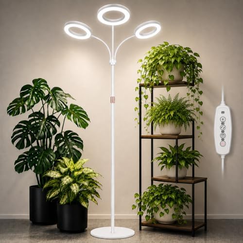 LBW 3-Head Grow Light with Stand for Indoor Plants, Full Spectrum Grow Light for Tall Large Plants, Adjustable Height up to 68", Auto Cycle Timer 6/8/12/16H, 5-Level Dimming, 3 Lighting Modes,White by LBW
