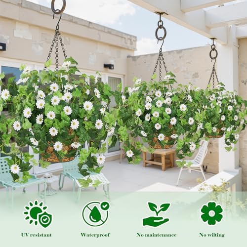 Krissing 2 Pack Artificial Hanging Basket with Daisy Flowers, White - Image 2