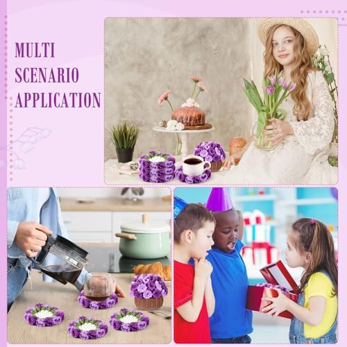 HunnmingRe 15 Pcs 3D Cute Crochet Flower Coasters Set, Spring Summer Floral Table Coasters with Plant Pot Holder, Soft Decorative Cup Mat, Housewarming Gift(Purple,Lily of the Valley​) - Image 6