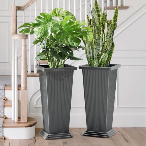 FENCY Set of 2 Tall Planters for Outdoor Plants, Gray Ribbed - Image 6