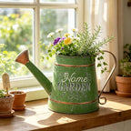 Rustic Green Metal Watering Can Flower Pot, Vintage Distressed Garden Decor Flower Bucket Planter for Herbs Succulents Flowers, Decorative Plant Pot for Outdoor Indoor Patio Yard Home Decor - Image 4