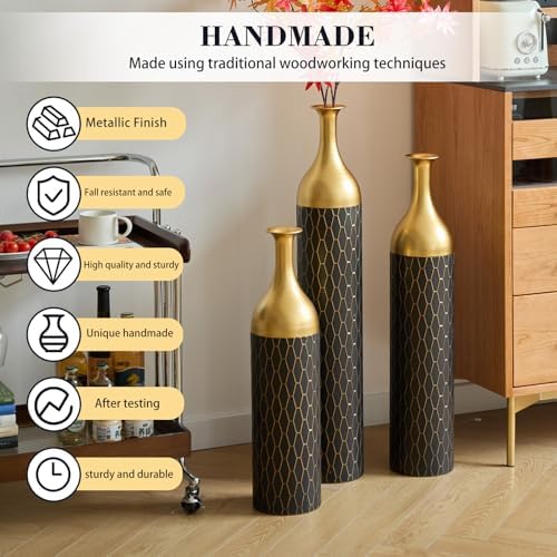 Tall Floor Vases Set of 3 for Decor Living Room Floor, Black and Gold Vases Home Decor, Embossed Body Pattern, 34.25" H/30.31" H/24.8" H Geometric Cylinder (Gold 8) - Image 6