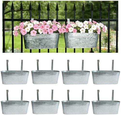 8 Pack 17" Galvanized Hanging Railing Planters with Hooks and Drainage by JOYFERNAL