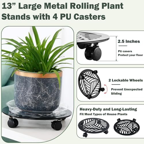 2 Packs Large Metal Plant Caddy with PU Wheels 13" Heavy-Duty Wrought Iron Rolling Plant Stands Indoor Outdoor Wheeled Plant Dolly Planter Mover Rollers Plant, Leaf Style - Image 2