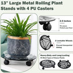 2 Packs Large Metal Plant Caddy with PU Wheels 13" Heavy-Duty Wrought Iron Rolling Plant Stands Indoor Outdoor Wheeled Plant Dolly Planter Mover Rollers Plant, Leaf Style - Image 2