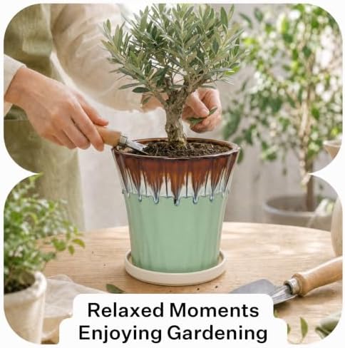 8.3 Inch Ceramic Planters with Drainage Hole and Saucer,Indoor Outdoor Large Flower Pots, Garden Pot for Plant Lovers (Drip Green) - Image 5