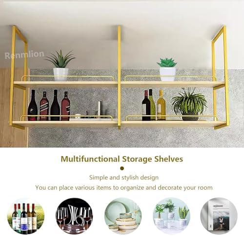 Ceiling Mounted Wine Rack，Industrial Wine Glass Shelf for Wall Storage Shelving，2-Layer Hanging Plant Flower Pot Stand Floating Decorations Shelves，Gold(100x30x80cm) - Image 6