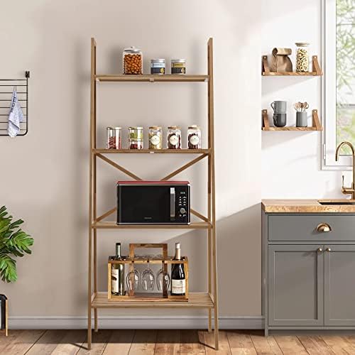 S AFSTAR 4-Tier Freestanding Bamboo Ladder Bookshelf, 58" Tall Ladder Shelf W/Anti-Toppling Device, Wooden Bookcase Storage Rack Plant Stand for Living Room Bedroom Balcony Kitchen Bathroom - Image 2