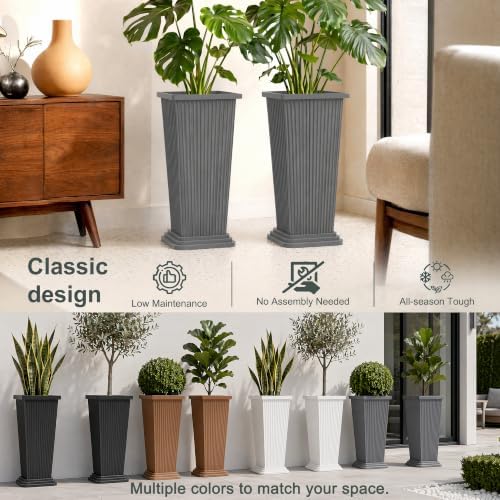 24" Set of 2 Tall Planters for Outdoor Plants, Gray Striped - Image 5