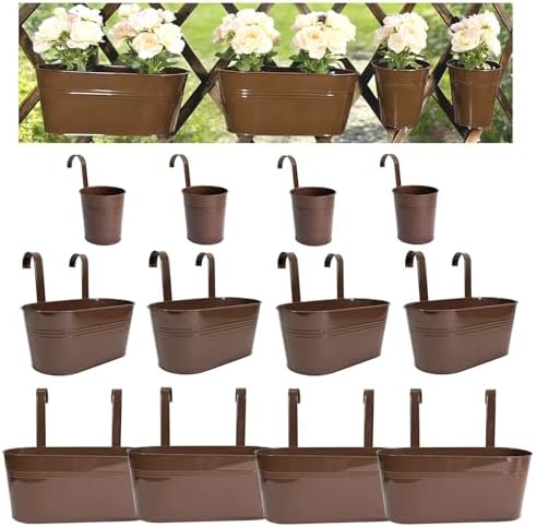 12 Pack Mixed Size Fence Hanging Planter for Patio Garden Décor, Chocolate by JOYFERNAL