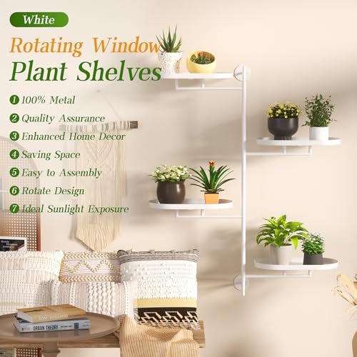 YQSLYSF Window Rotating Plant Stand Shelf Indoor White Metal Floating Shelves 4-Tier Wall Mount Plant hanger Holders for Wall Planter Modern Home Decor window sill gifts - Image 6