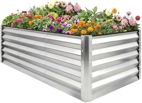 YITAHOME 8x4x3ft Galvanized Raised Garden Bed, Metal Planter Box with Safety Rubber, Gloves, Outdoor Flower Bed for Planting Plants Vegetables, Silver by YITAHOME