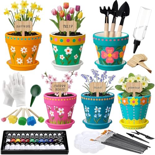 6 Sets DIY Flower Pot Painting Kit 6 White Terracotta Flower Pots with Saucer Planting Gardening Tools 12 Color Acrylic Paints Set Plant Growing Crafts Spring Garden Gift by Ferrochef