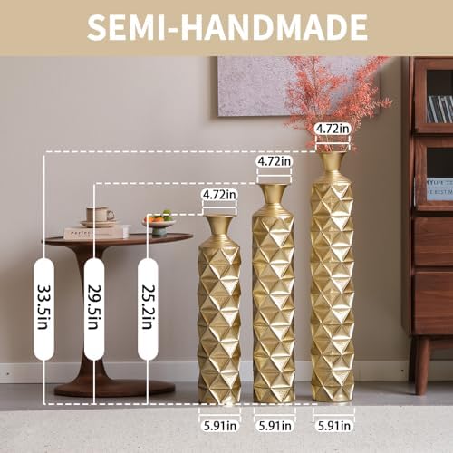 Tall Floor Vases Set of 3 for Decor Living Room Floor, Gold Vases Home Decor, Embossed Body Pattern, 33.5" H/29.5" H/25.2" H Geometric Cylinder (Gold 3) - Image 2