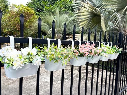 8 Pack 12" Metal Balcony Fence Railing Planters for Outdoor, Oval White - Image 6