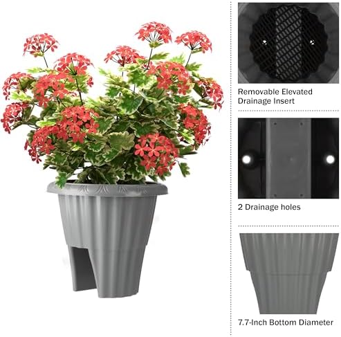 Railing Planter - 13.5-Inch Round Flower Box with Drainage Insert - 2.64-Gallon Outdoor Planter Box for Deck, Porch, or Balcony by Pure Garden (Gray) - Image 3