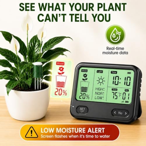 4-in-1 Soil Moisture Meter for Plants ,Soil Temperature /Moisture /Sunlight Time, Large Screen, Garden Soil Tester for Lawn, Farm, Houseplants，Wireless Indoor/Outdoor Plant Water Meter (Dark Black) - Image 3