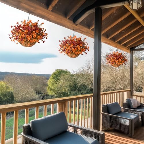 Artificial Fall Hanging Flowers Basket, UV Resistant Mums for Outdoors - Image 5