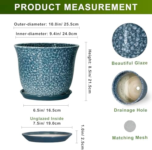 10 Inch Plant Pot, Ceramic Planter for Indoor Plants, Blue - Image 2