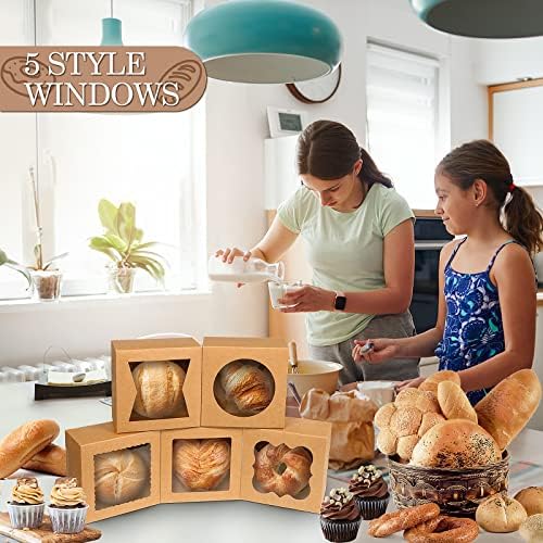 KPOSIYA 65PCS Bakery Boxes with Window 6x6x3 Inches 5 Style Cookie Boxes Small Pastry Boxes for Candy, Dessert, Pastry, Donuts, Birthday Party, Wedding(Brown) - Image 5